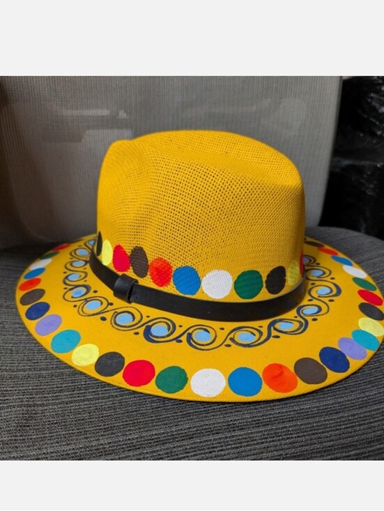 Handmade Accessories - Hand Painted Yellow Fedora Hat Colorful Polka Dot Brim Boho Festival Statement